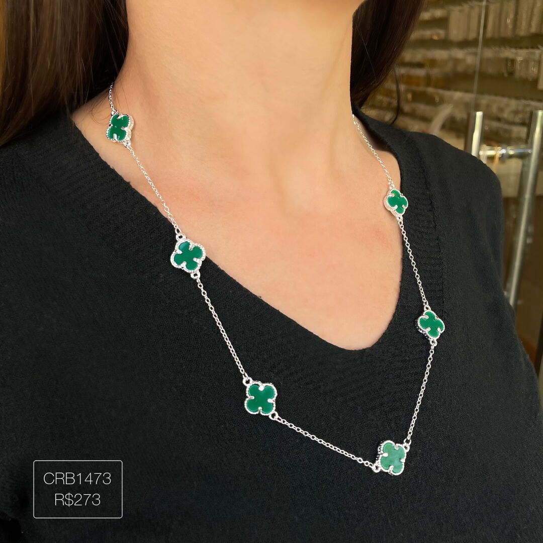 Colar V@n Cleef c/ 7 Pingente P Verde Prateado